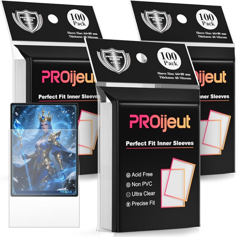 Proijeut 300 Pack Card Sleeves Clear, Perfect Fit Inner Sleeves Ideal for Double-sleeving, Trading Card Sleeve Compatible with MTG, PKM, TCG and Gaming Cards (60 Microns) - Image 1